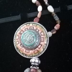 Boho Spiral Pendant Necklace in Coral-Pink and Turquoise